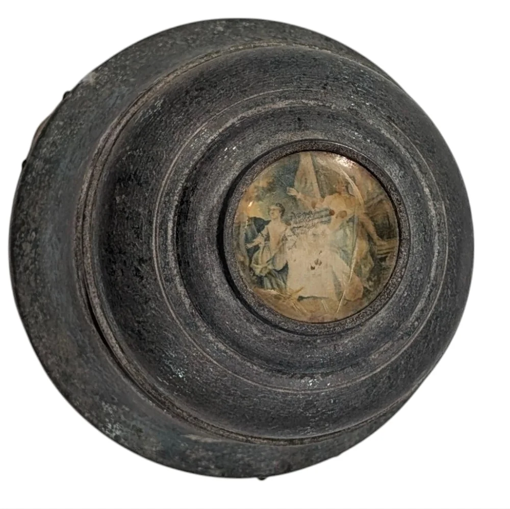Antique Wind Up Music Powder Box With Victorian Imagery On Lid. Works.